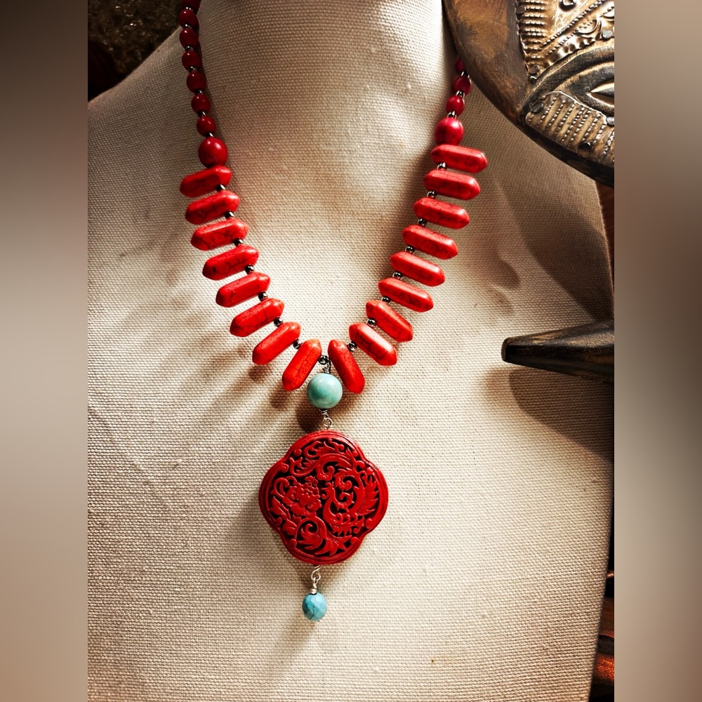 SOLD Cinnabar Botanical Red and Turquoise Necklace